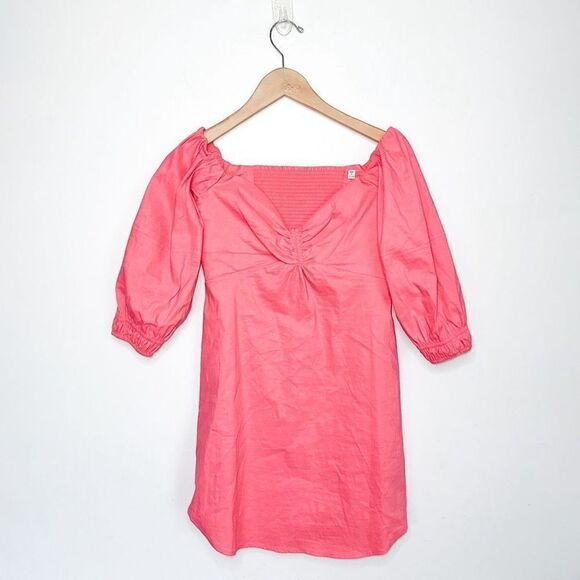 A.L.C Women’s Mila Off The Shoulder Smocked Back Linen Blend Mini Dress in Lyche - Picture 3 of 11